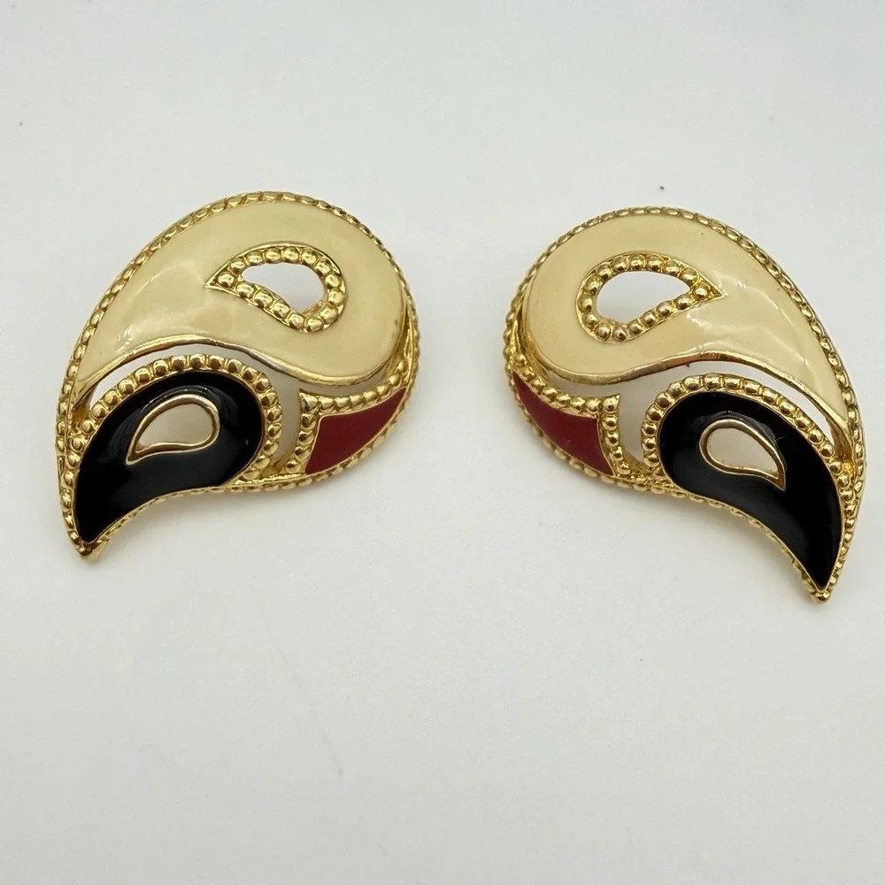 Vtg Avon Kaleidoscope Enamel Earrings Pierced Paisley Red White Blue 1992